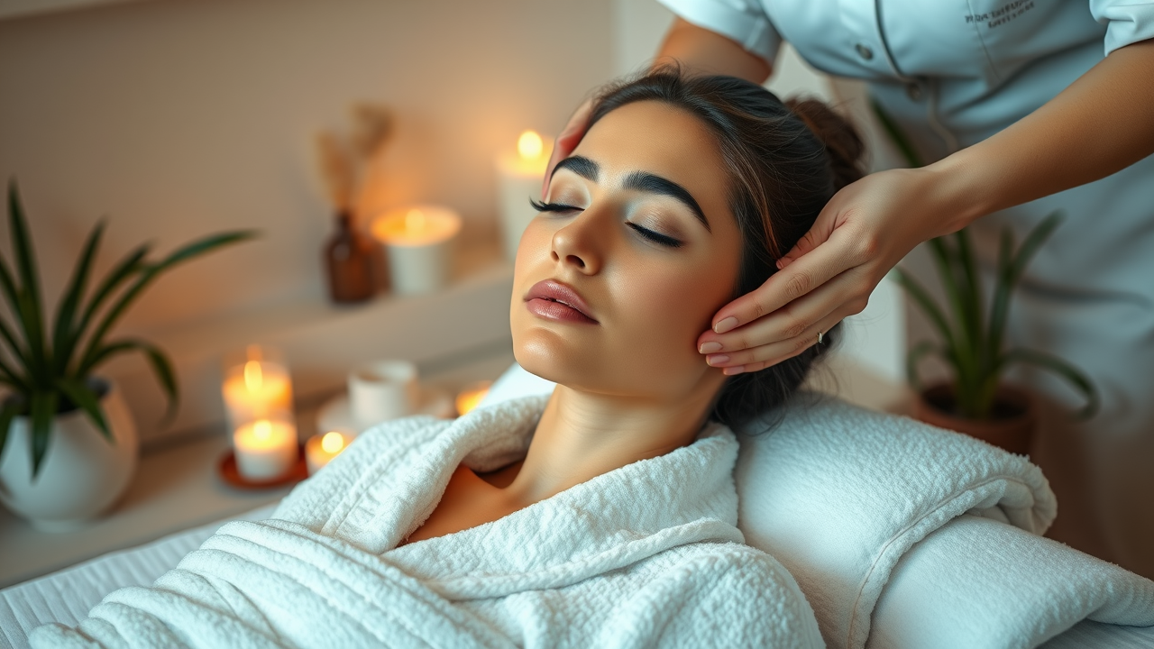 Serene spa wellness scene, woman enjoying facial massage, tranquil environment