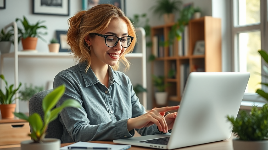 Enthusiastic woman entrepreneur researching social media platforms in a cozy home office