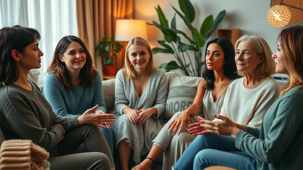 empowering circle of women engaging in meaningful group discussion, building a healthy relationship network