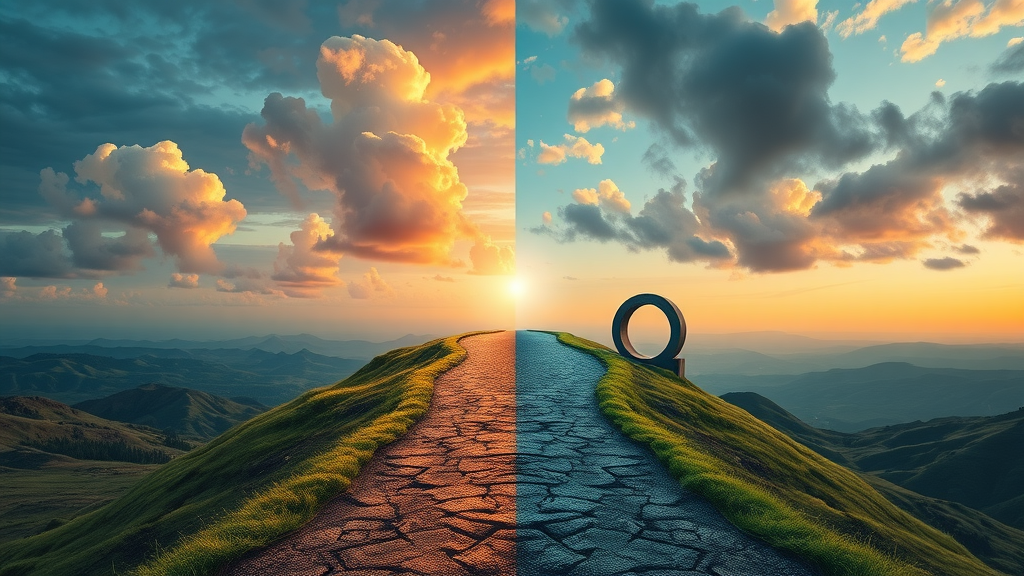 conceptual image showing four symbolic paths for different money mindsets in business growth