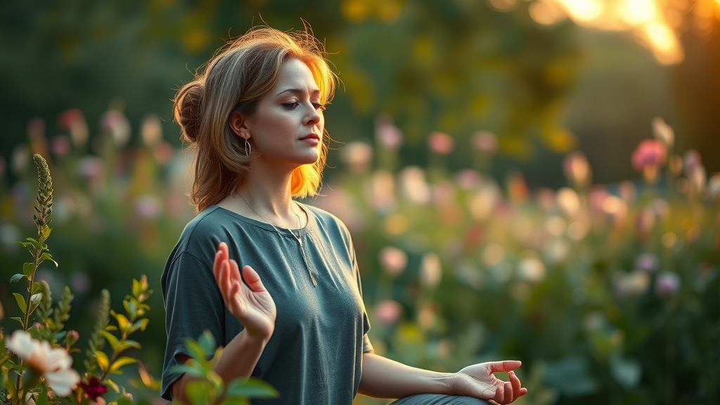 Serene woman meditating in a peaceful garden for mental health and stress management activities