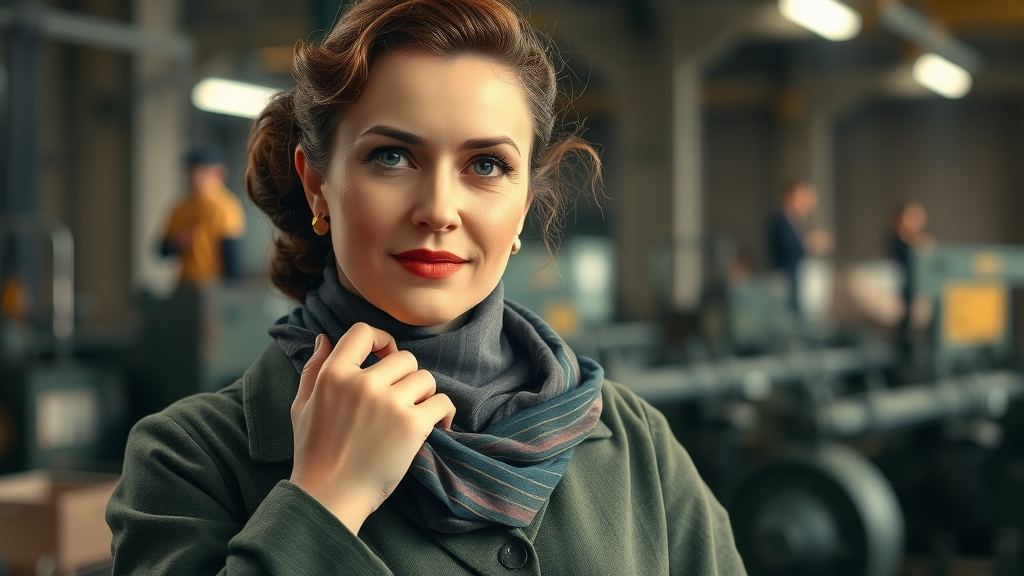 1940s woman, resilient, adjusting factory worker scarf, vintage post-war background