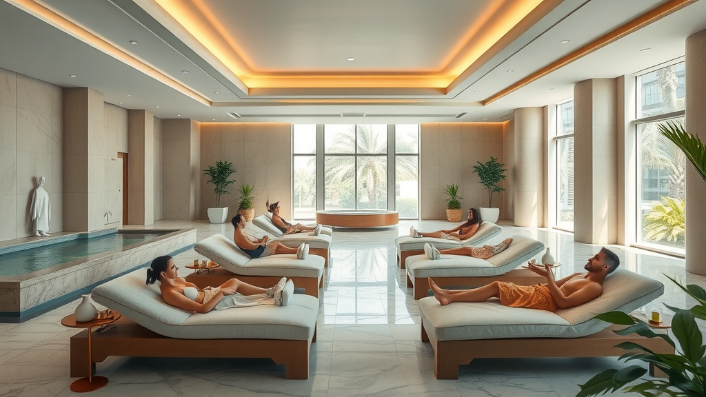 Luxury spa interior with plush loungers and water features, spa and pampering treatments, serene day spa environment