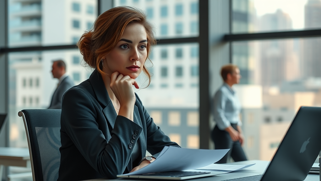Thoughtful professional woman at a desk considering networking challenges, networking tips for women in business