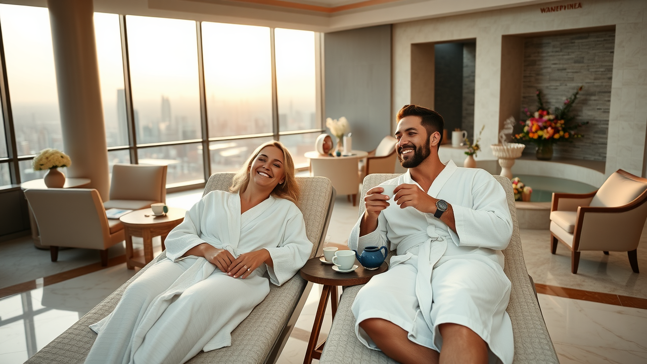 Couple relaxing in luxurious spa lounge connecting wellness and self-care