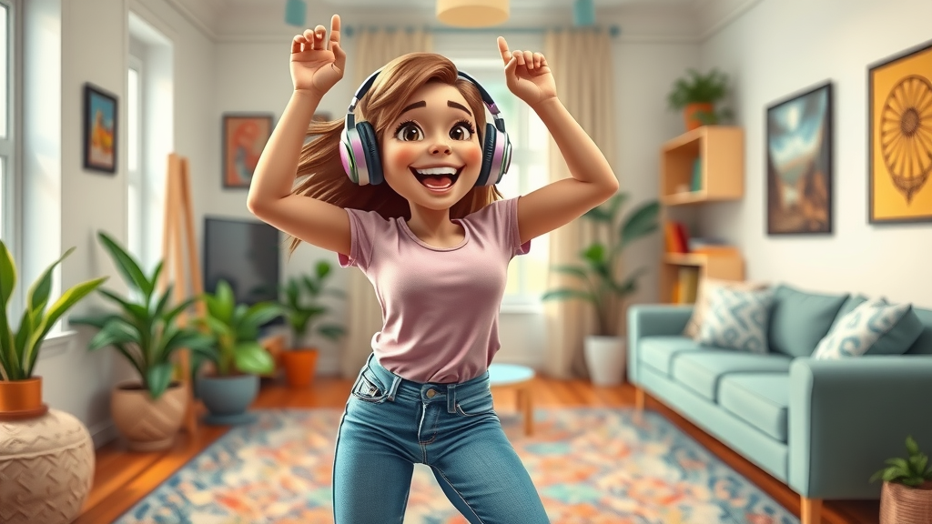 joyful young woman enjoying quick dance break as a self-care routine for women at home