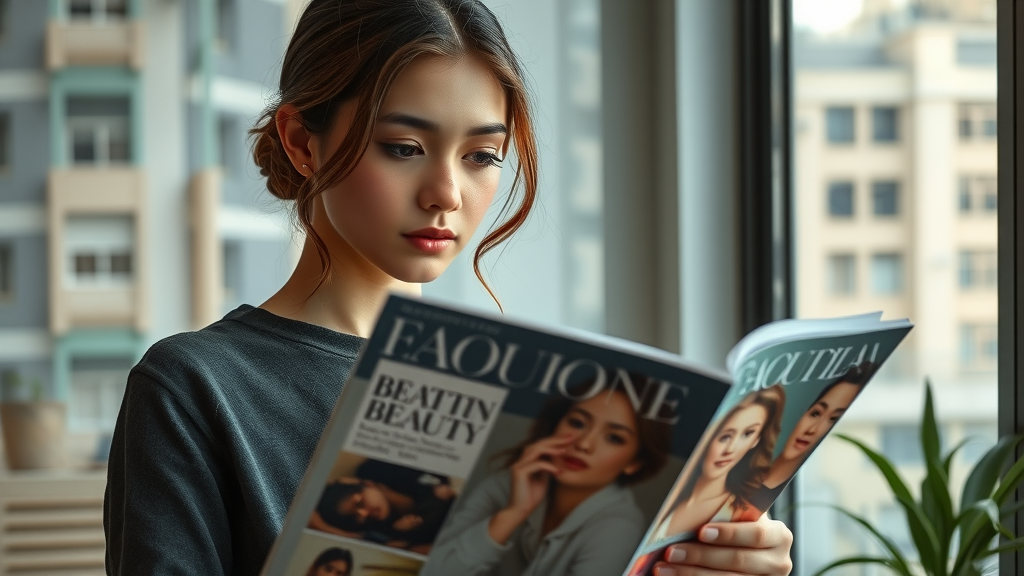 thoughtful young woman, pensive, gazing at a magazine cover showing traditional beauty, modern city apartment