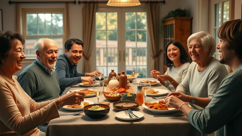 inviting group of family and friends sharing a home-cooked meal, enjoying fulfilling relationships