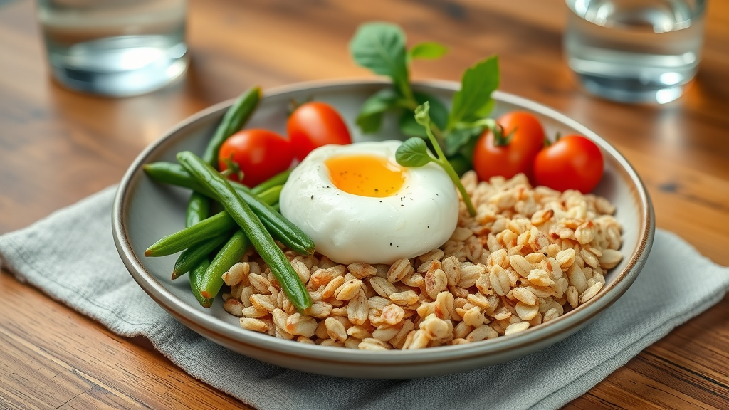 beautifully plated healthy meal with poached egg, green beans, cherry tomatoes, and whole grains for healthy cooking