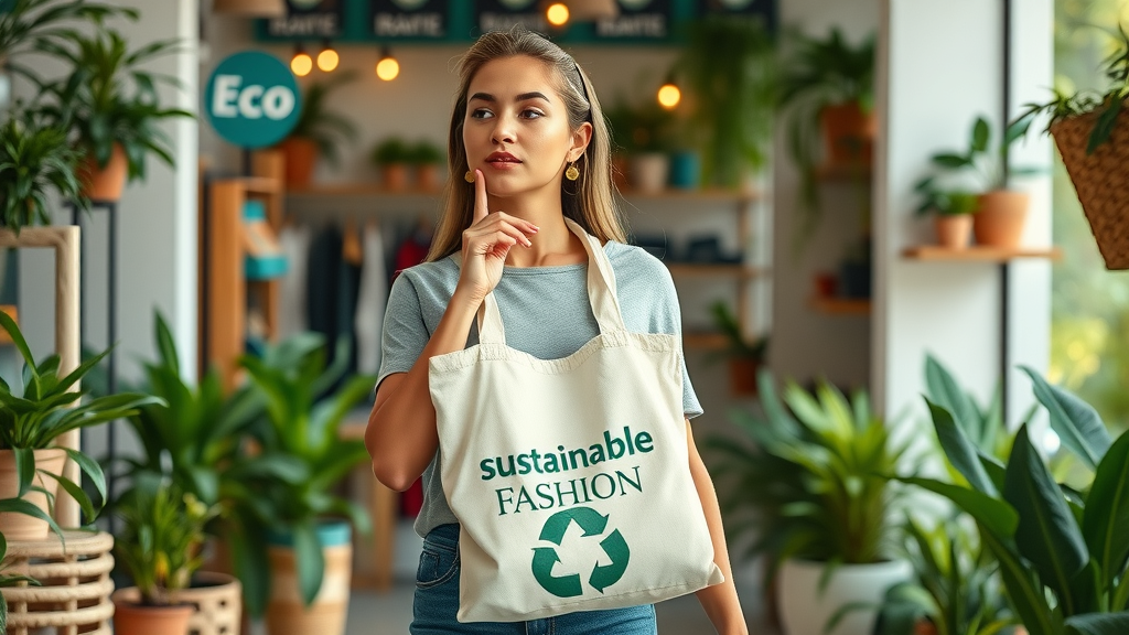 Eco-conscious fashionable woman choosing sustainable fashion, showing purpose-driven style
