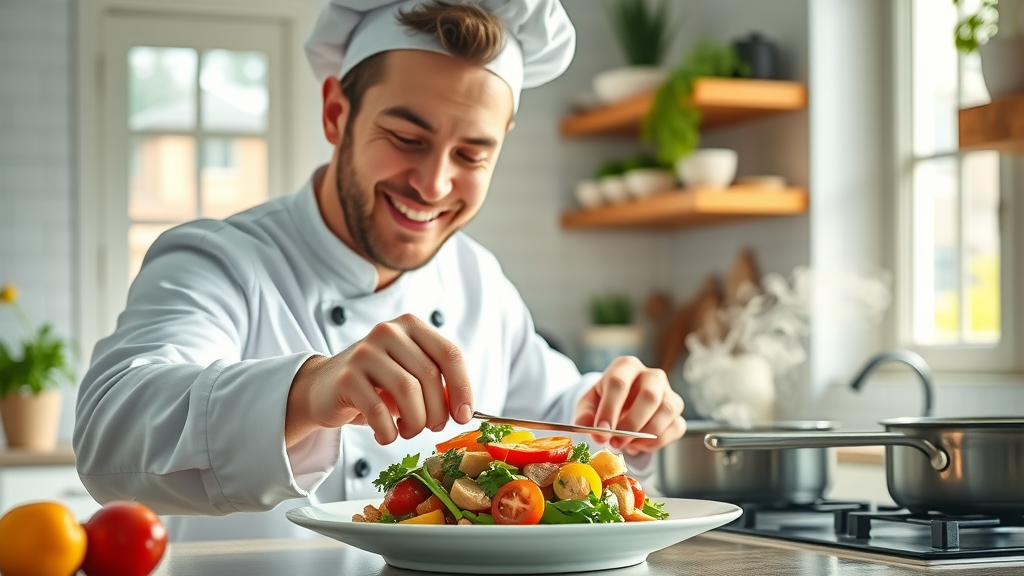 A cheerful chef in a bright home kitchen, carefully arranging a gourmet dish with healthy vegetables on a pristine plate, highlighting healthy gourmet cooking principles.