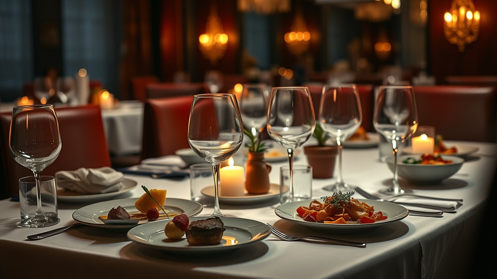 fine dining experience table setting with artistic food plating and elegant glassware