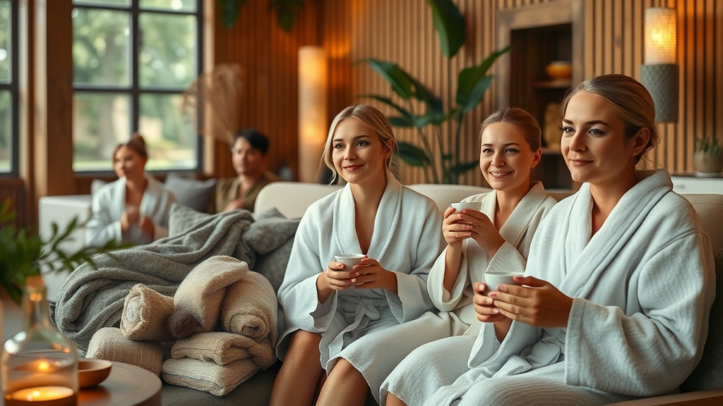 Spa guests relaxing with herbal tea in cozy robes, luxurious spa lounge, pampering treatments and relaxation