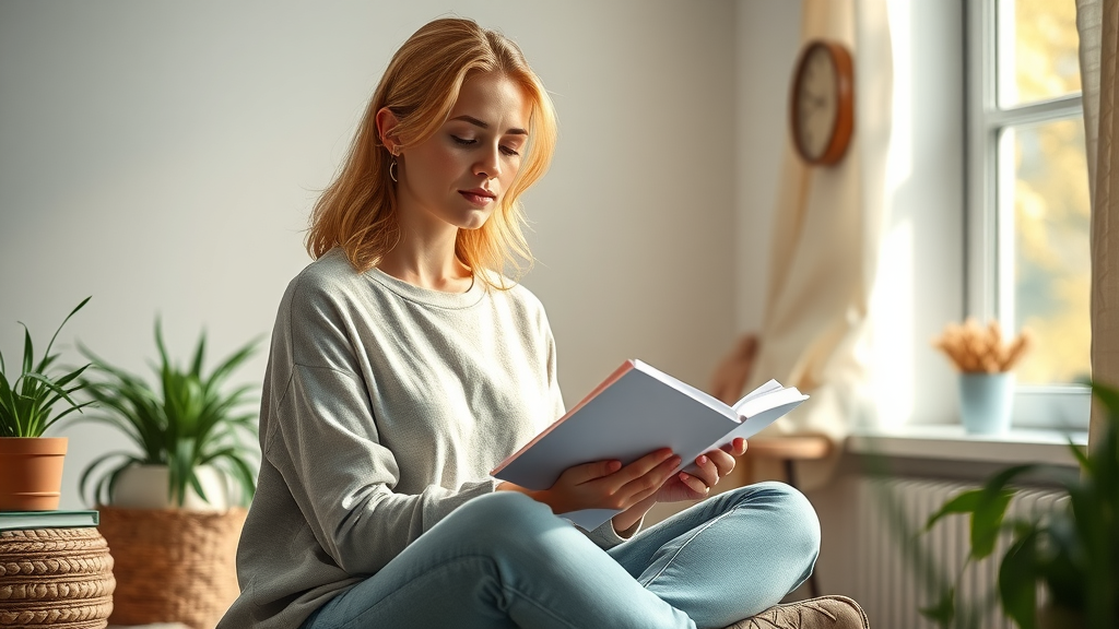 inspirational woman journaling in a sunlit living room, different ways women practice being inspired