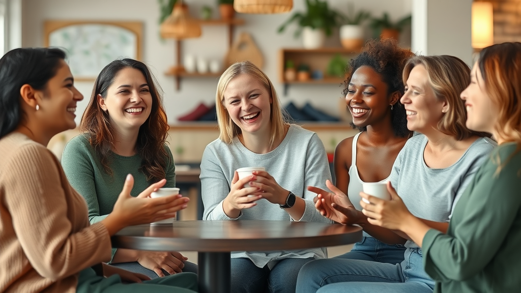supportive group of diverse women laughing together, having a joyful conversation at a cozy coffee shop - how women can create great relationships with family and friends