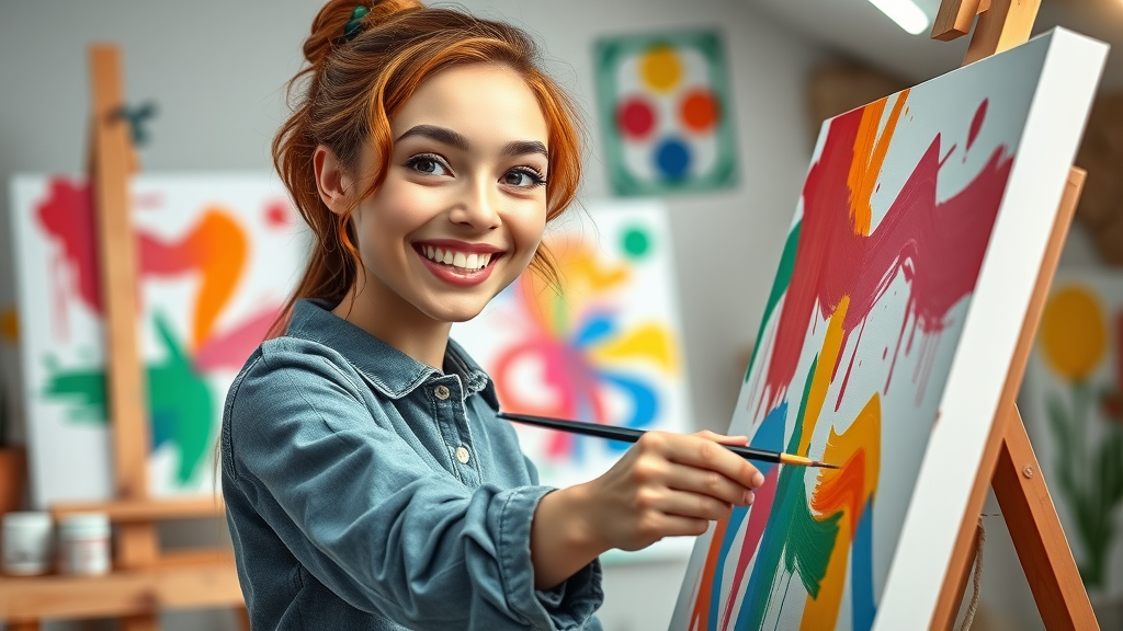 Creative woman painting abstract canvas vibrant hobbies