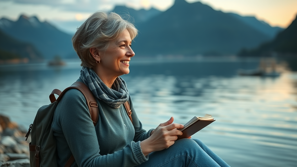mature solo female traveler reflecting by lakeside, personal growth, solo adventure, peaceful setting