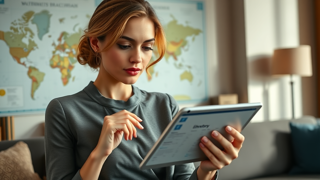 Sophisticated woman reviewing personalized travel itinerary on tablet – travel planning for affluent women