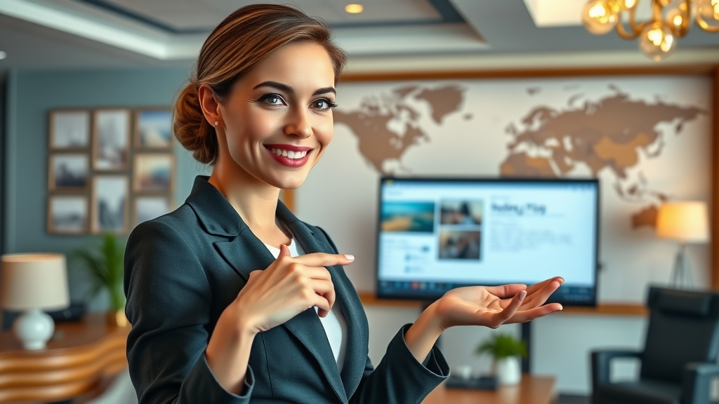 Elegant female travel planner presenting customized luxury travel package – luxury travel planning for women
