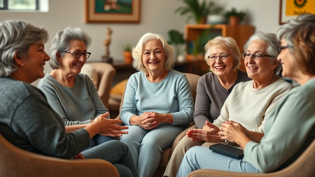 Supportive group of women engaged in a wellness discussion circle for community support in women
