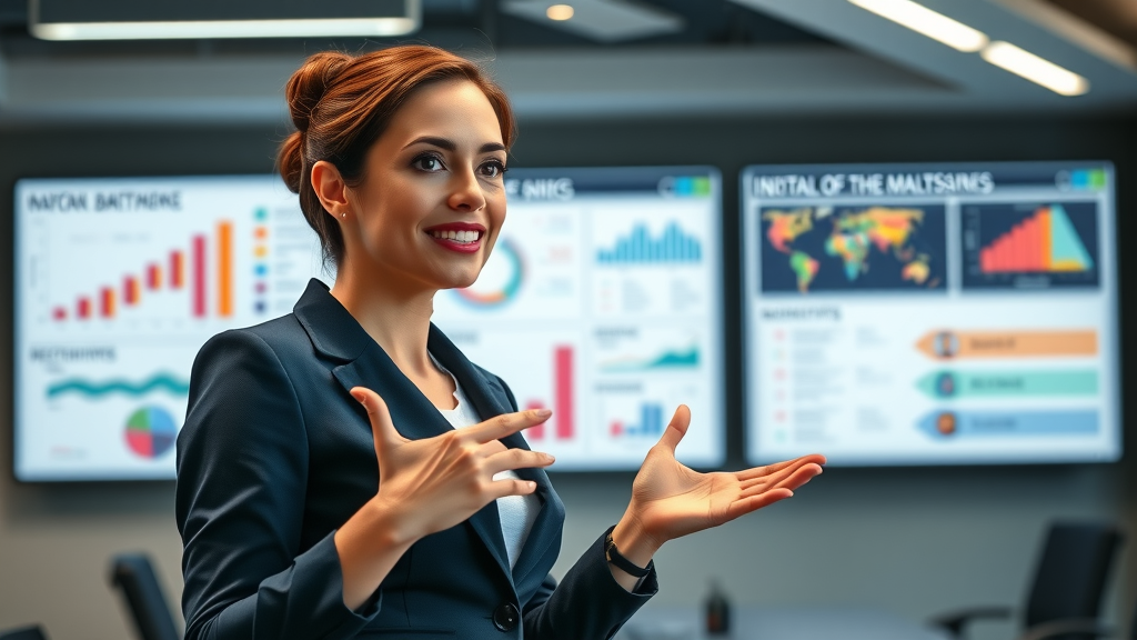 Confident female entrepreneur presenting digital marketing strategy, key marketing takeaways for women entrepreneurs