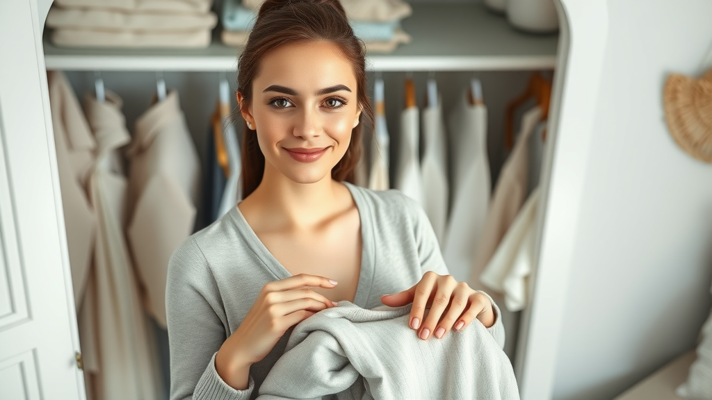 Woman letting go of what no longer serves her organizing minimalist closet