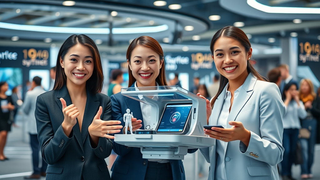 international group of women entrepreneurs presenting innovative product, confident expressions, futuristic exhibition, main keyword: the benefits of women entrepreneurship