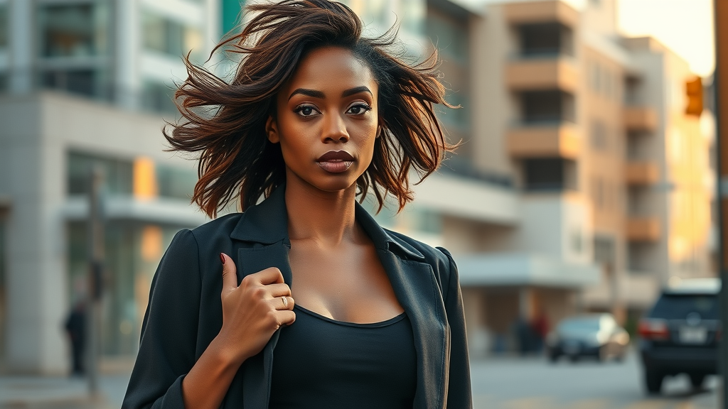 confident Black woman, empowered, walking on city street, natural windswept hair
