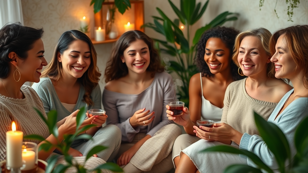 diverse group of women, smiling, practicing self-care together, cozy spa environment