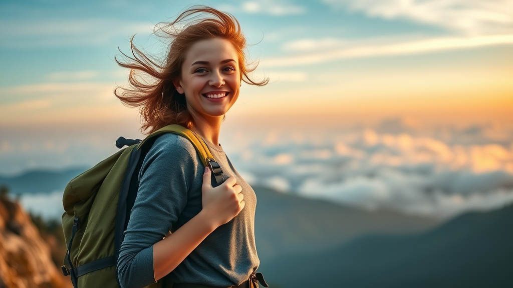 Inspirational young woman traveler confidently standing with backpack atop a scenic mountain vista, representing the benefits of travel for women.