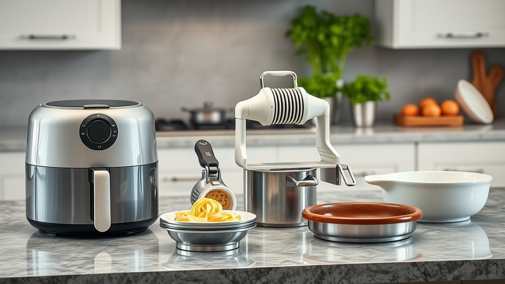 Modern kitchen countertop neatly arranged with gourmet gadgets—air fryer, spiralizer, and ceramic cookware—emphasizing essential tools for healthy gourmet cooking.