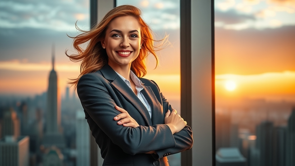 strong female entrepreneur standing confidently in front of a cityscape at sunrise, symbolizing resilience and empowerment