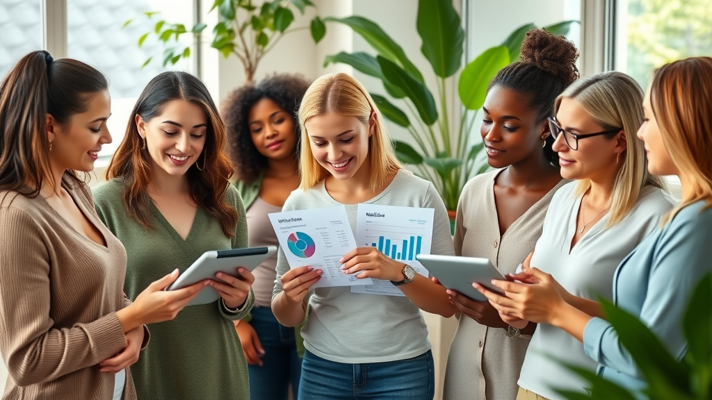 Diverse group of women analyzing wellness statistics in a modern wellness studio - women