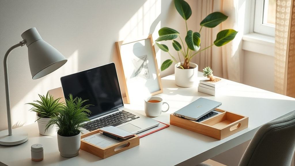 modern workspace decluttered with feminine touches for self-care routines for women