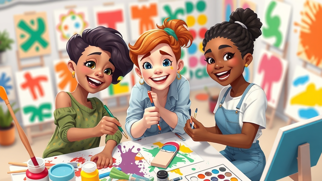 three friends doing creative activity together, strengthening fulfilling relationships through art and shared projects