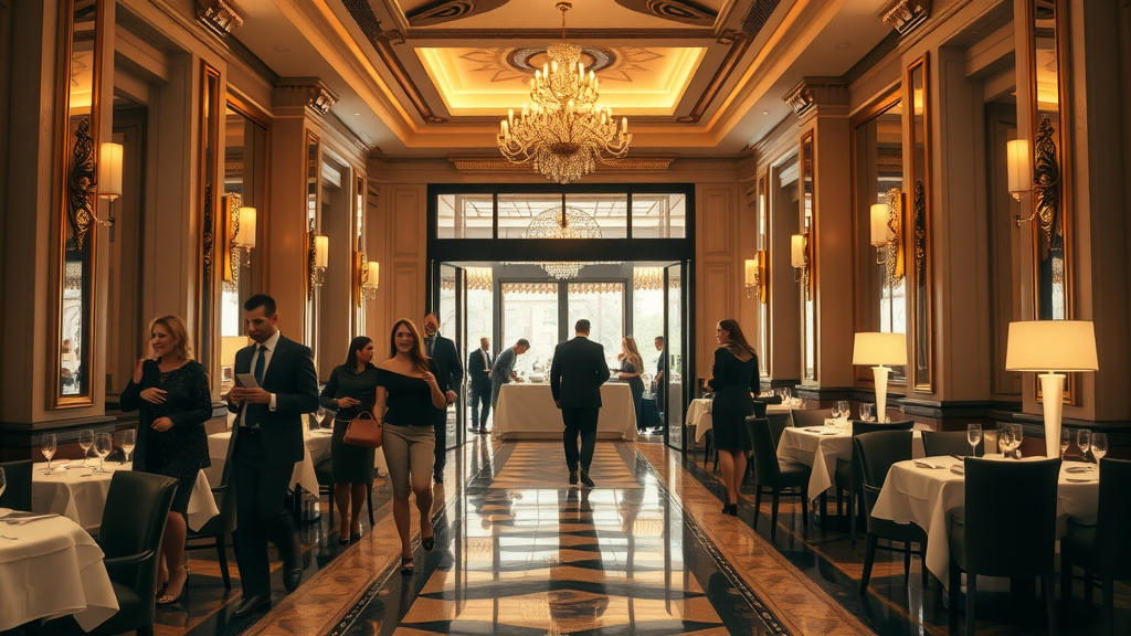 Elegant fine dining restaurant entrance with welcoming ambiance and guests entering - the joys of dining in fancy restaurants