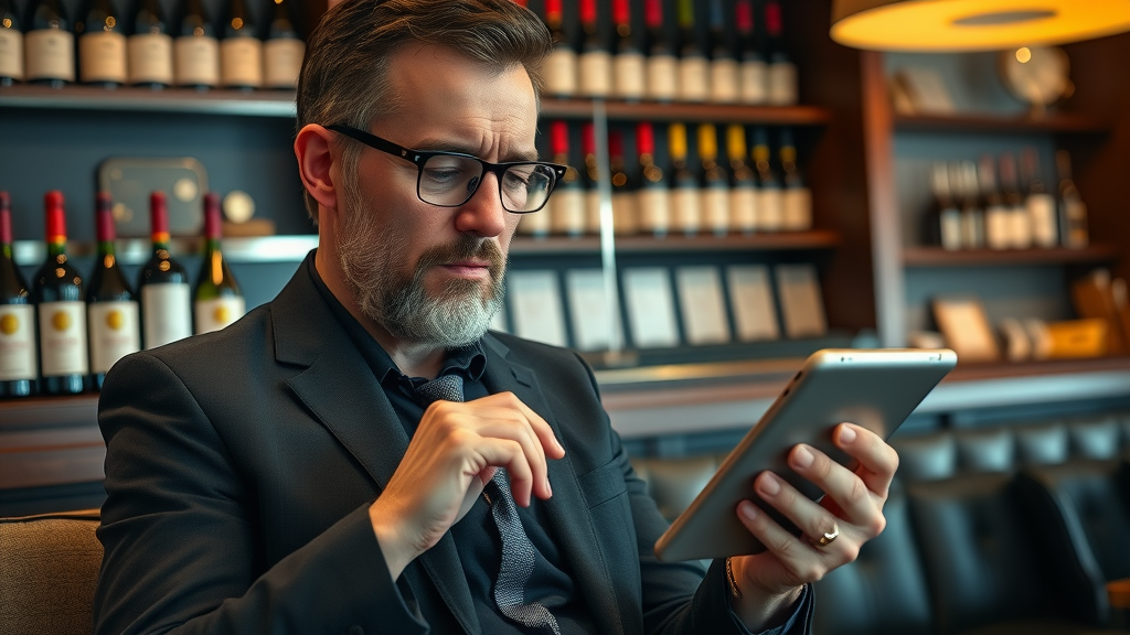 Gourmet critic researching fine dining restaurants and chefs online - choosing the perfect restaurant