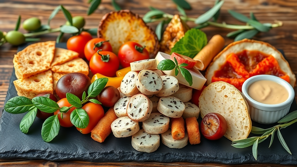 Close-up of top 10 Mediterranean foods including olive oil, salmon, tomatoes, leafy greens, legumes, nuts, whole grains, eggplant, Greek yogurt, and herbs on a dark slate board, representing healthy eating the Mediterranean way.