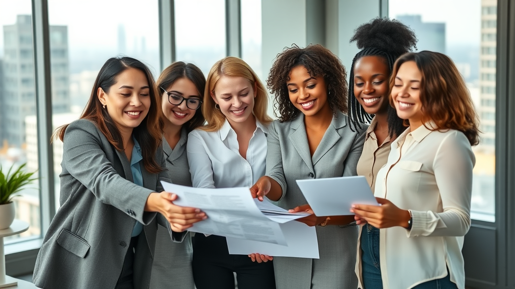 empowering group of diverse women entrepreneurs collaborating, main keyword: the benefits of women entrepreneurship, modern office, neutral colors, dynamic teamwork
