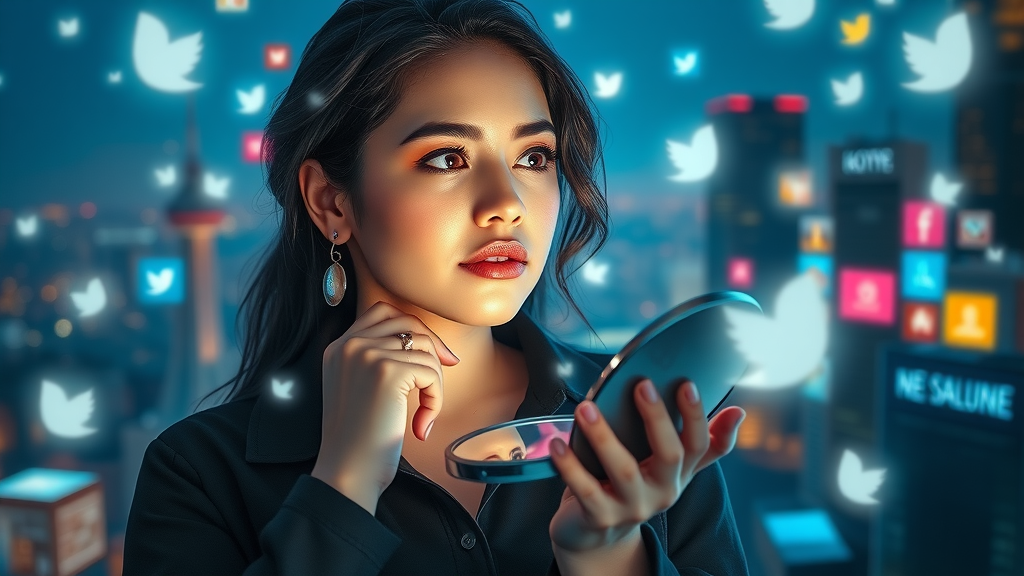 contemporary woman, floating social media icons, cityscape evening, holding a compact mirror