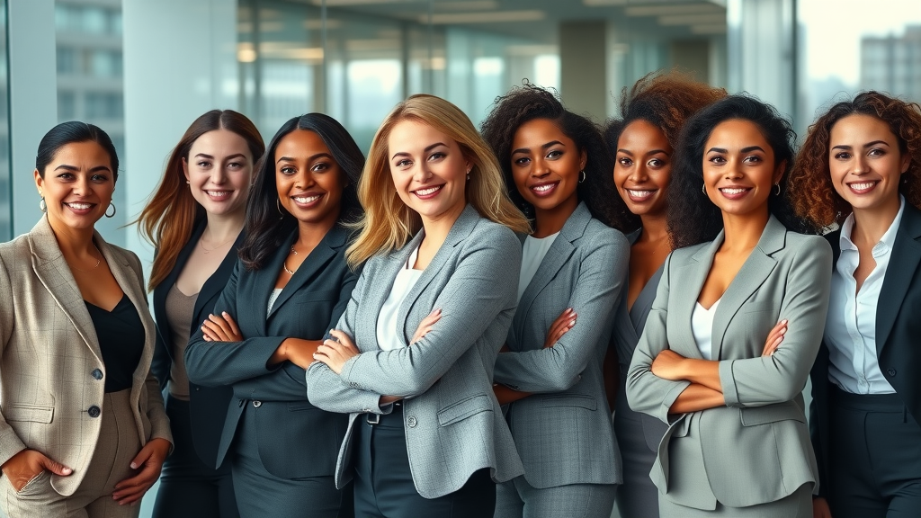 Dynamic group portrait of diverse women entrepreneurs, confident expressions, standing together in business attire in a modern office, entrepreneurship for women