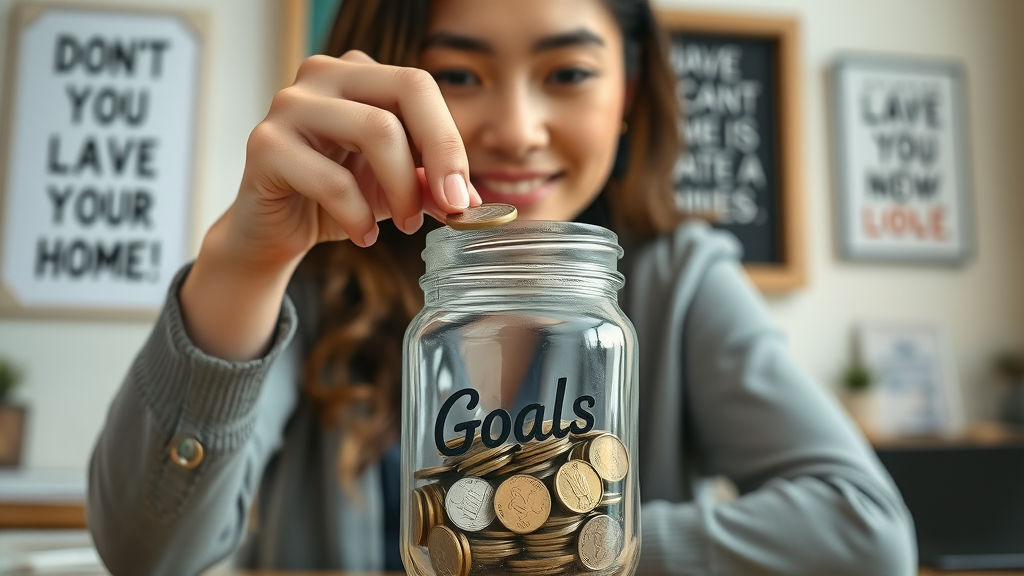 financial confidence for women hopeful woman placing coins in a savings jar labeled goals