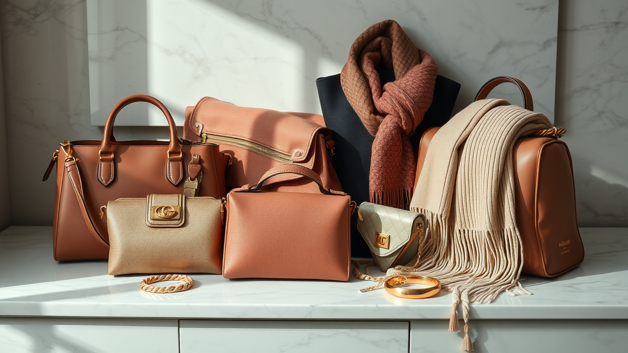 High-end accessory arrangement with classic bags, gold jewelry, scarves and shoes, stylish woman accessory tips