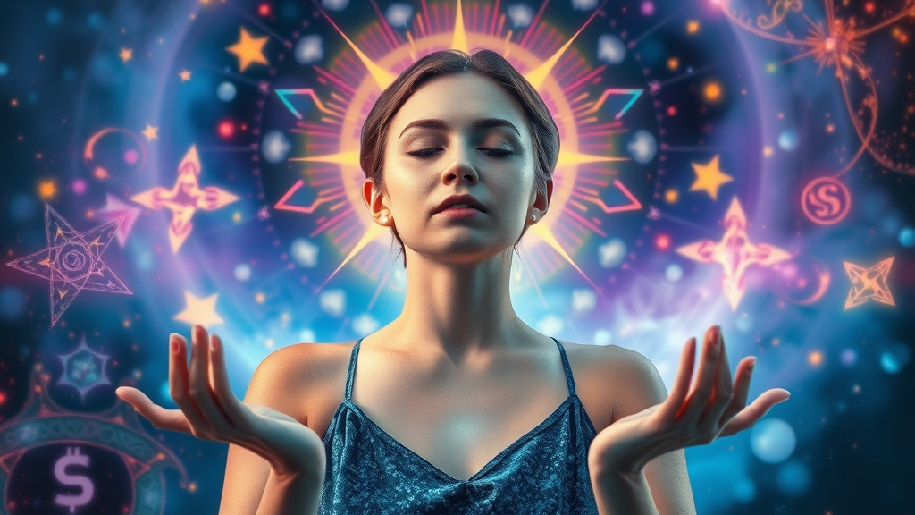 Meditative woman with quantum energy waves symbolizing transformation in empowerment coaching