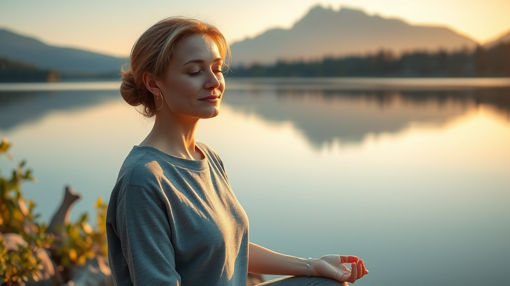 Relaxed woman meditating by lakeside symbolizing mindset mastery and empowerment coaching