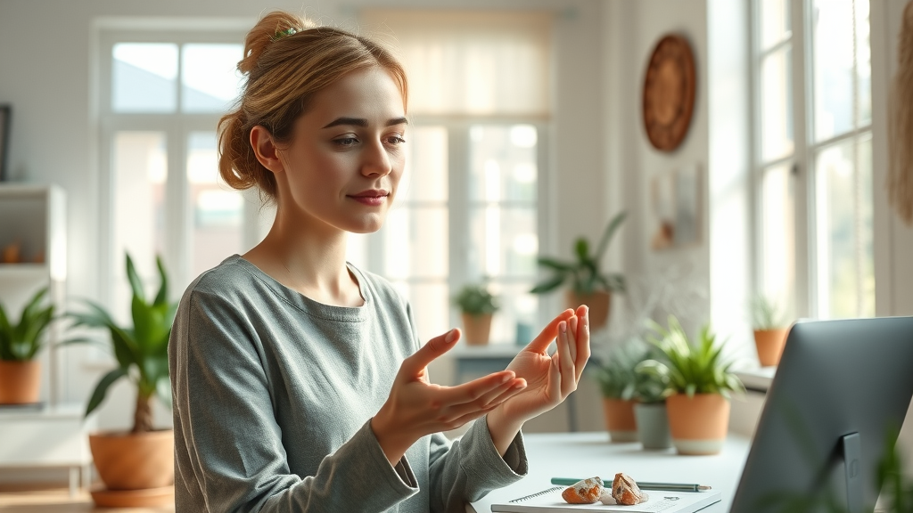 Spiritual entrepreneurship energy clearing practice in a serene workspace with smudging sage and crystals