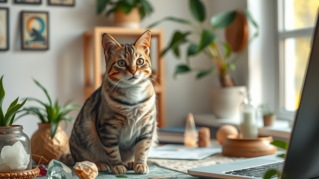 Alert cat sensing spiritual entrepreneurship energy clearing in business office environment