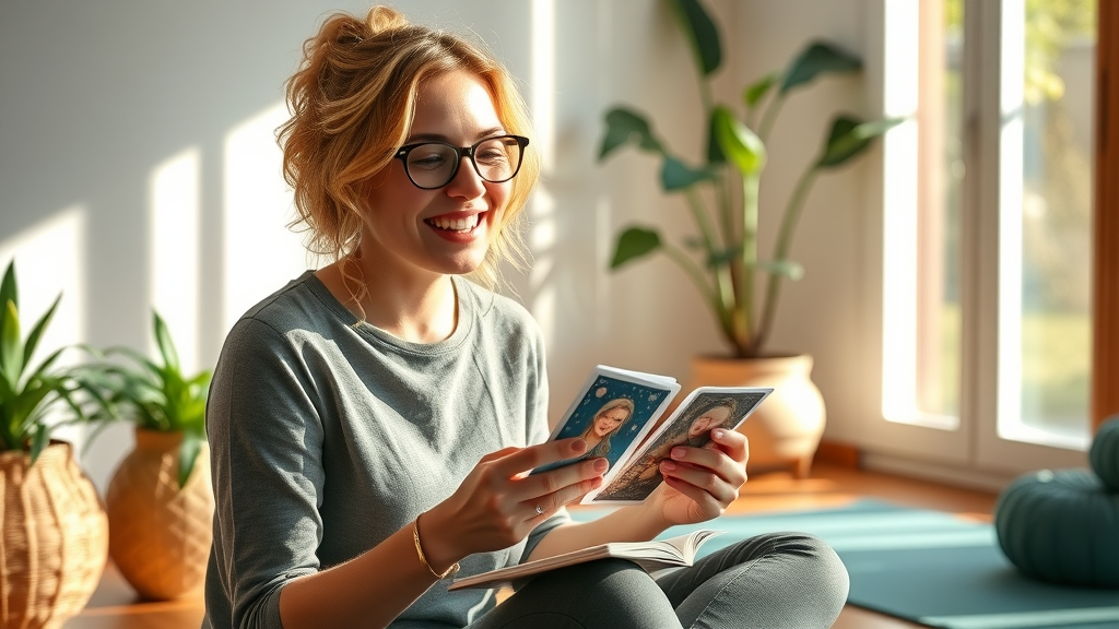Spiritual entrepreneur engaging in energy clearing through journaling and oracle cards