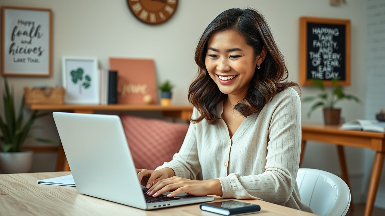 joyful female Christian entrepreneur working on faith-based business plan