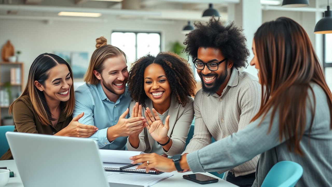 diverse Christian business team collaborating cheerfully